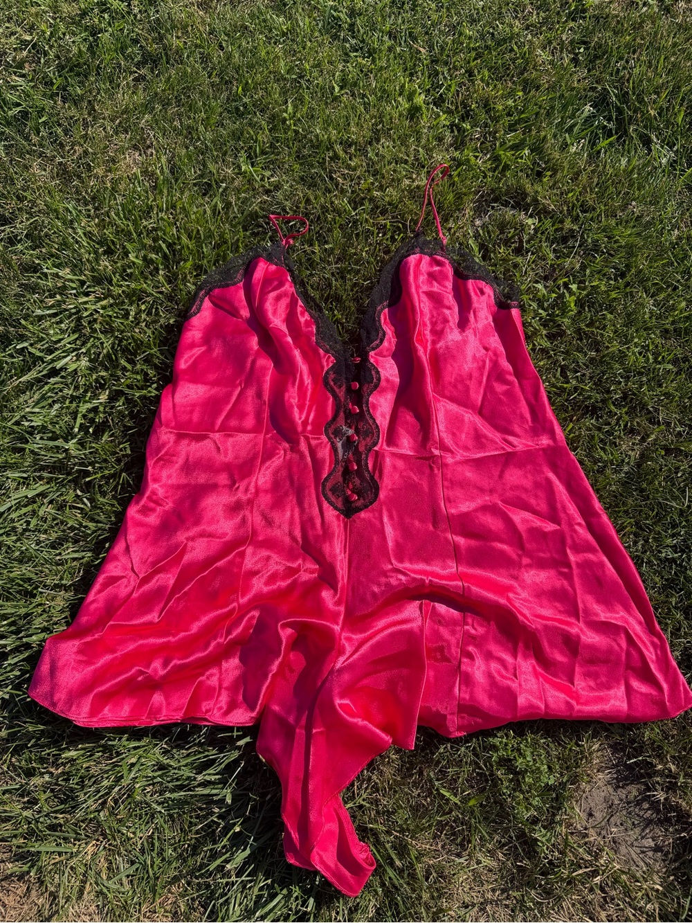 VTG Hot Pink Lace-Trim Satin Chemise - Size XL